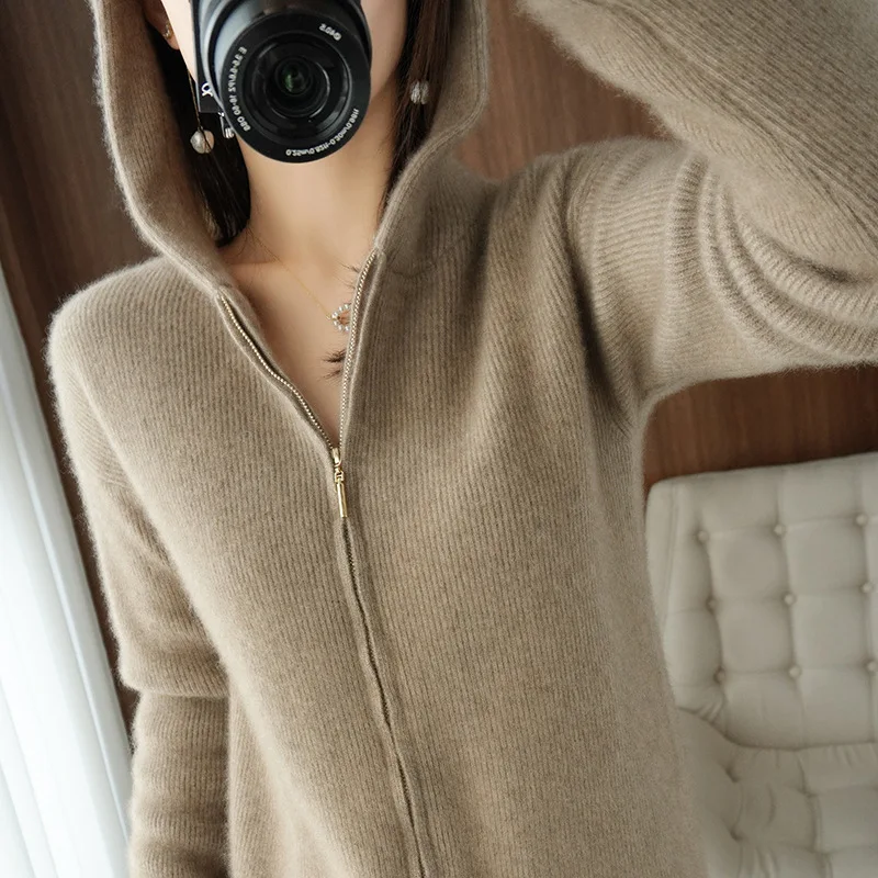 

Autumn and winter new Korean version hooded zipper solid color women's wool sweater knitted hooded jacket sweater women