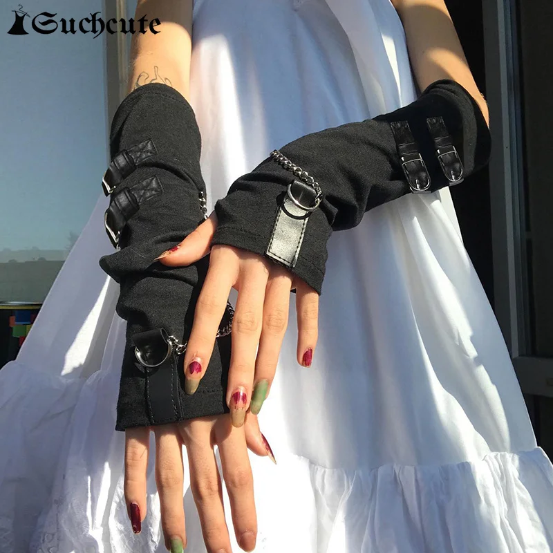 

SUCHCUTE Gothic Arm Warmers Metal Buckle Chain Women Fingerless Gloves Dark Streetwear Grunge Hip Hop Harajuku Punk Accessories