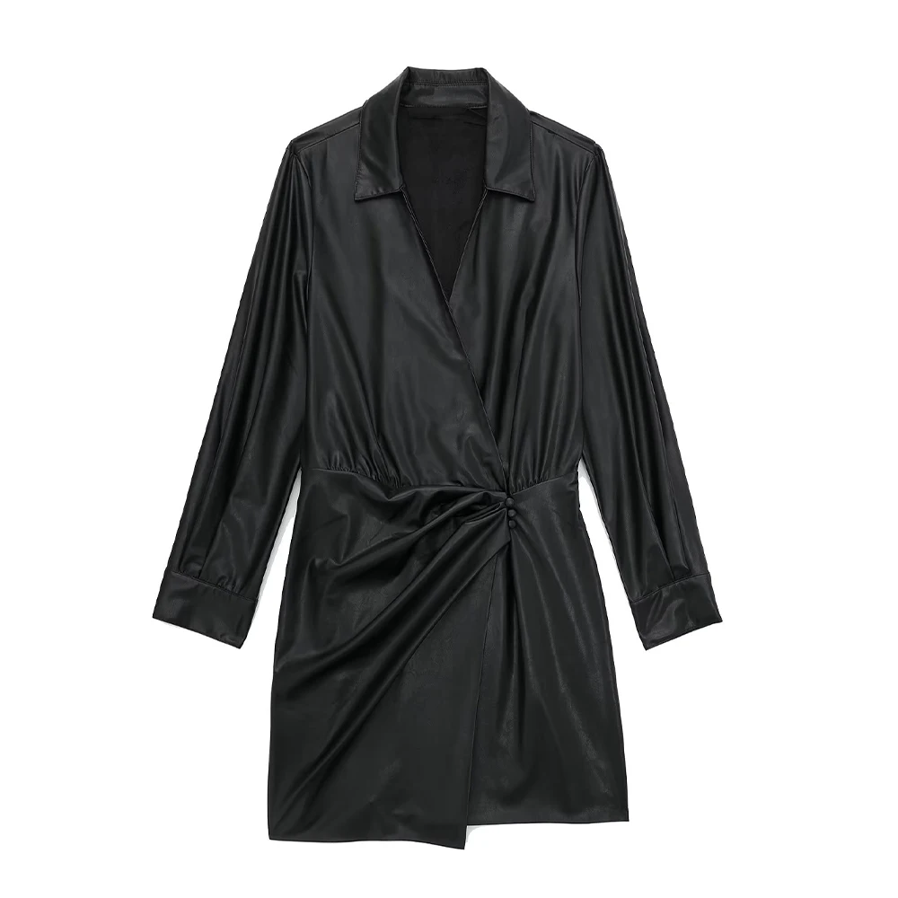 

Женское Плиссированное Платье-рубашка из искусственной кожи в стиле ретро