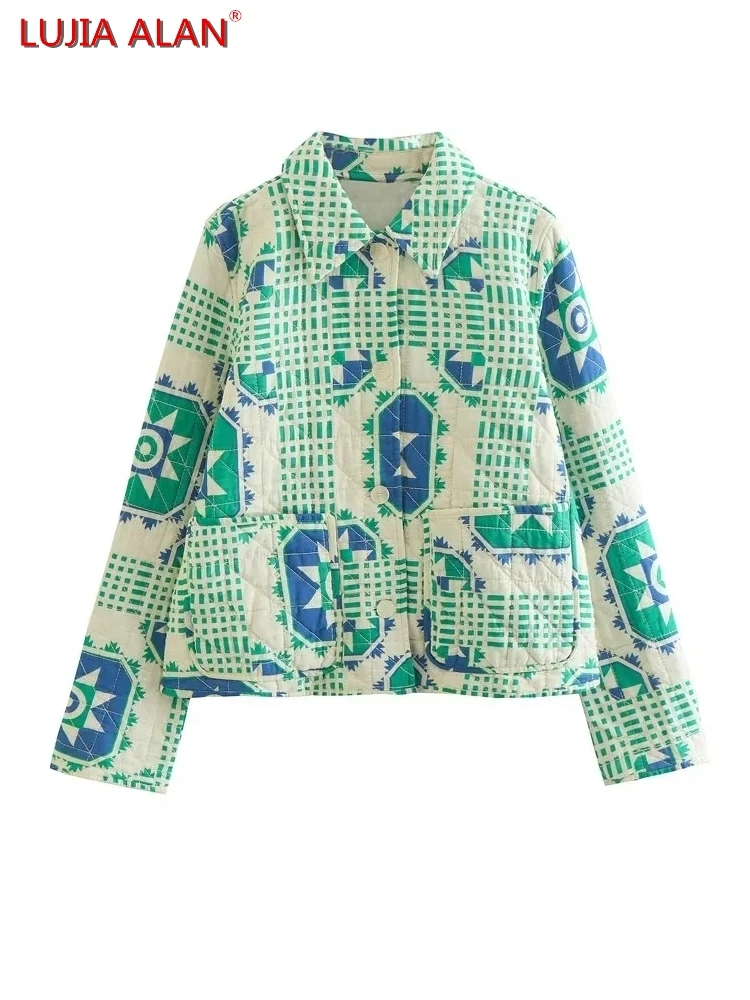 

Hot Sale New Women Geometric Printing Patch Pocket Design Long Sleeve Loose Quilting Padded Coat LUJIA ALAN C1586