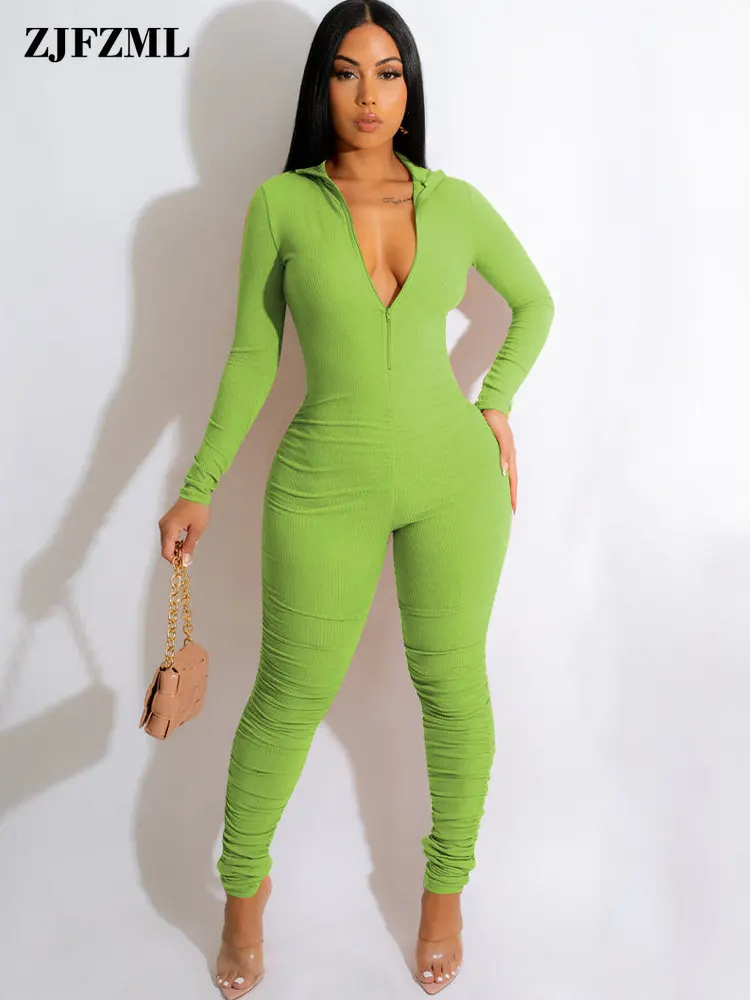 

High Street Fitness Rompers Womens Jumpsuit Deep V Neckline Long Sleeve One Piece Overalls Active Wear Workout Sporty Bodysuits