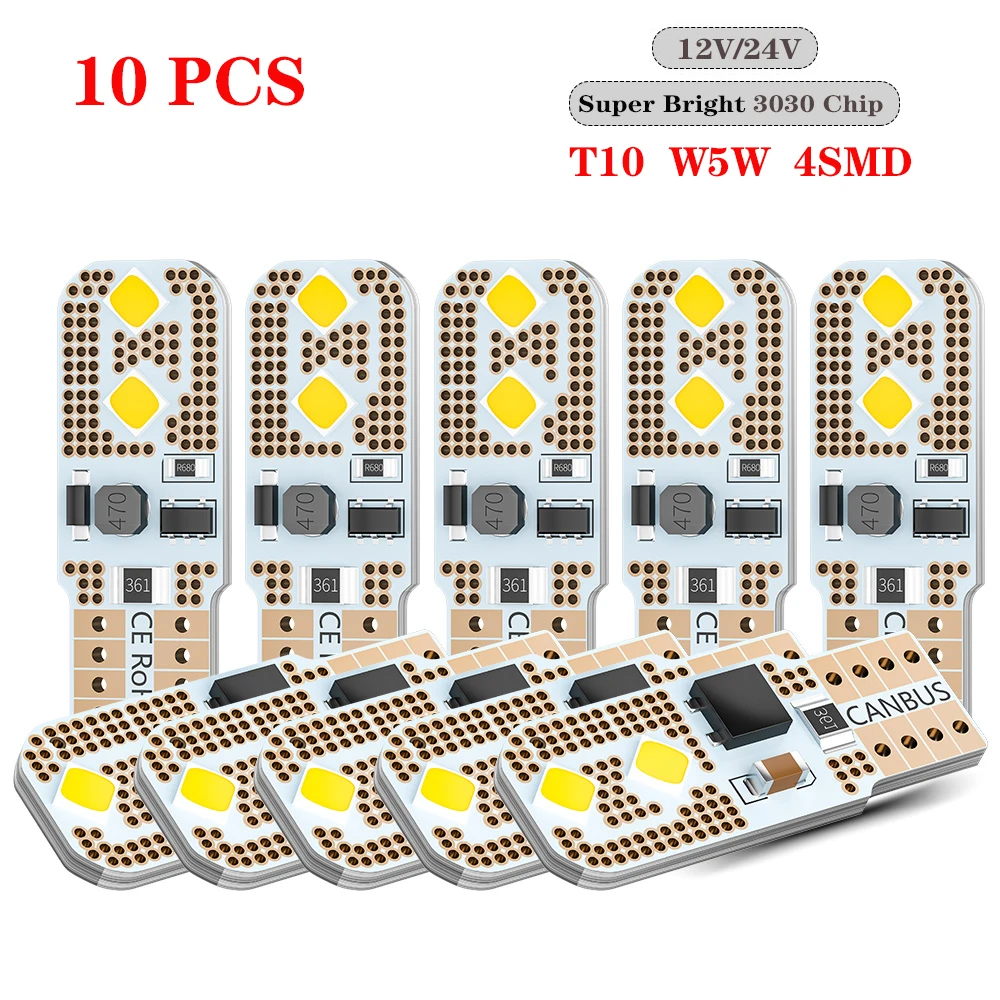 

DXZ 10 шт. W5W T10 светодиодные лампы 12 В 24 В Canbus 3030 4-SMD 6000K Белый 194 168 салон автомобиля карта купольные огни автостоянка сигнальная лампа