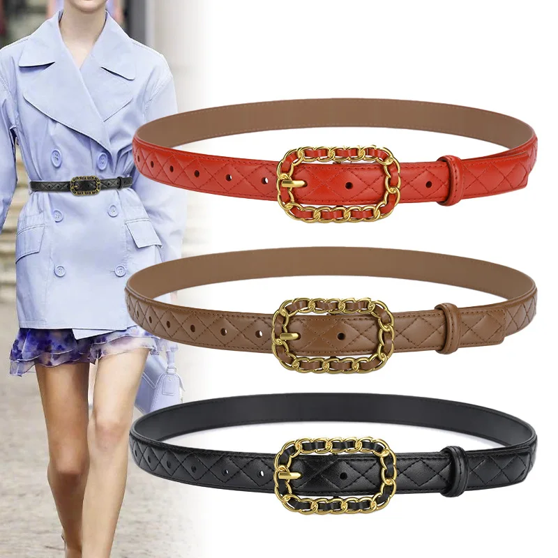New sponge belt leather ladies belt with casual belt women's leather two-layer cowhide belt thin belt Luxury Belt