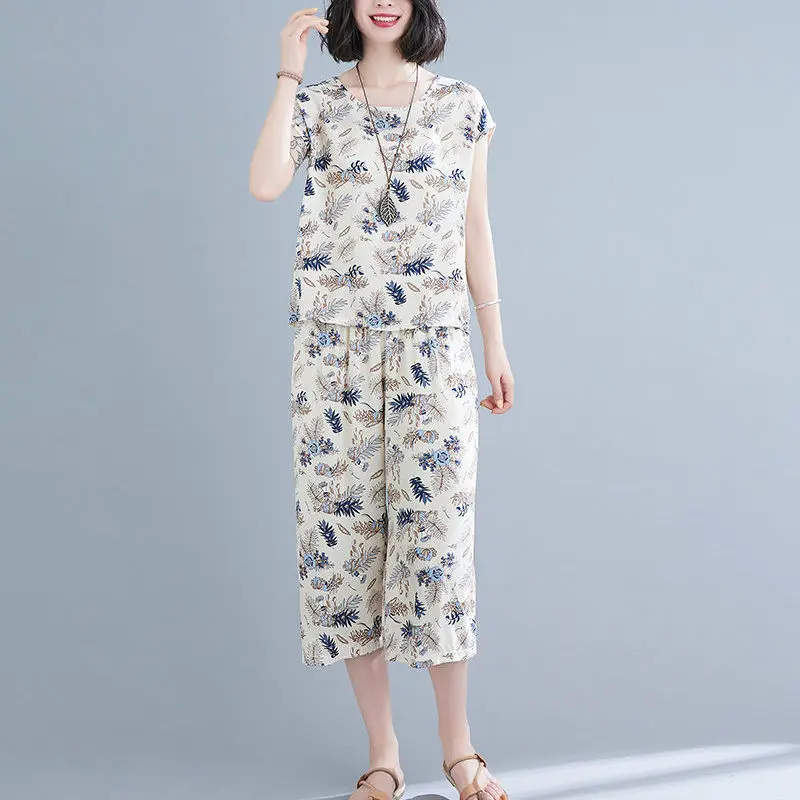 

2022 Women Summer New Thin 2 Piece Sets Female Short Sleeve Loose Tops + Wide Leg Pants Ladies Print Floral Casual Suits I45