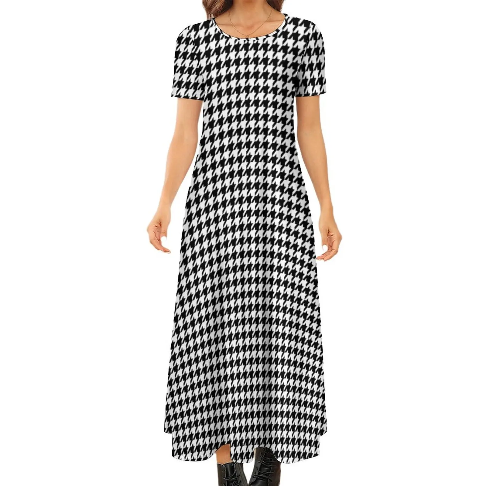 

Black White Houndstooth Dress Trendy Deco Chic Pattern Modern Maxi Dress Simple Bohemia Long Dresses Graphic Big Size Clothes