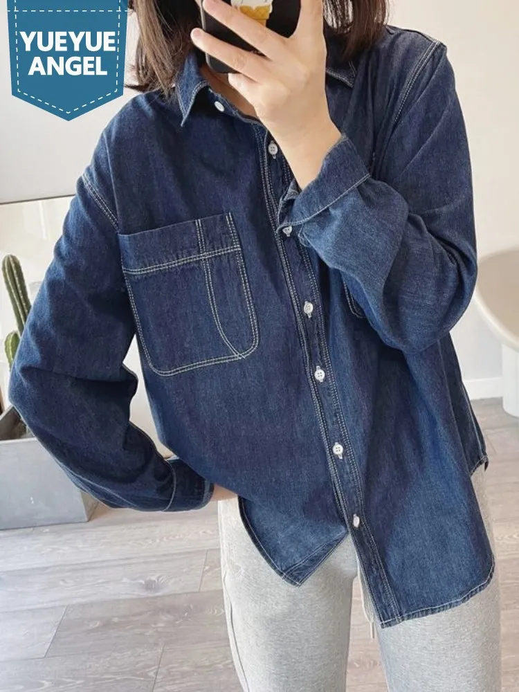 

Vintage Cotton Denim Shirt Women Loose Street Casual Blouses Spring Autumn Harajuku Single Breasted Long Sleeve Female Shirts