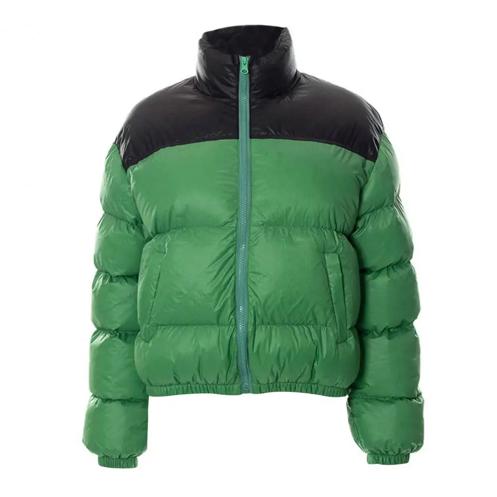 Women Winter Long Sleeve Zip Puffer Jacket Stand Collar Contrast Color Short Down Coats with Pockets