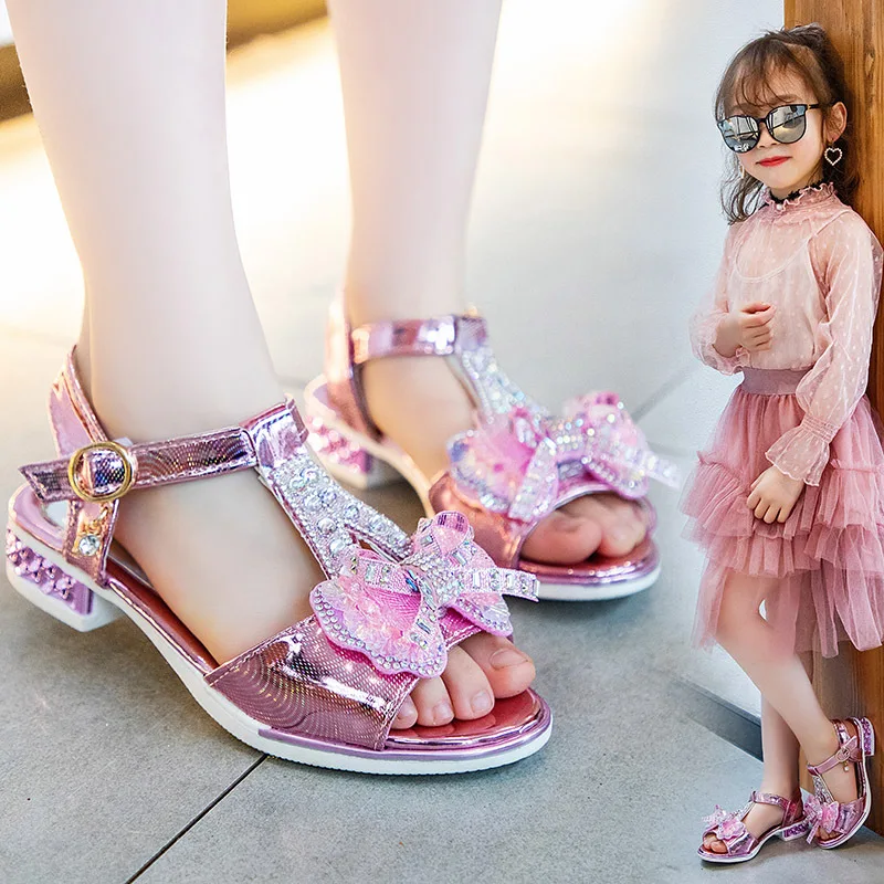 

Size 26-36 Crystal Shiny Bowknot Princess Sandals For Girls Soft Sole Beach Shoes For Children Non-slip Light Sandals For Kids