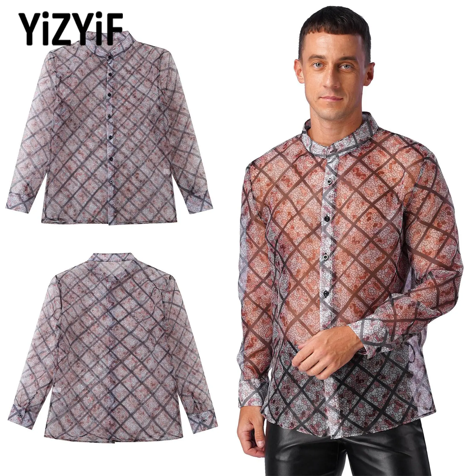 

Mens Floral Print See-Through Shirt Long Sleeve Button Up Mesh Martial Arts Shirt Beach Pool Party Nightclub Hawaiian Men Shirt