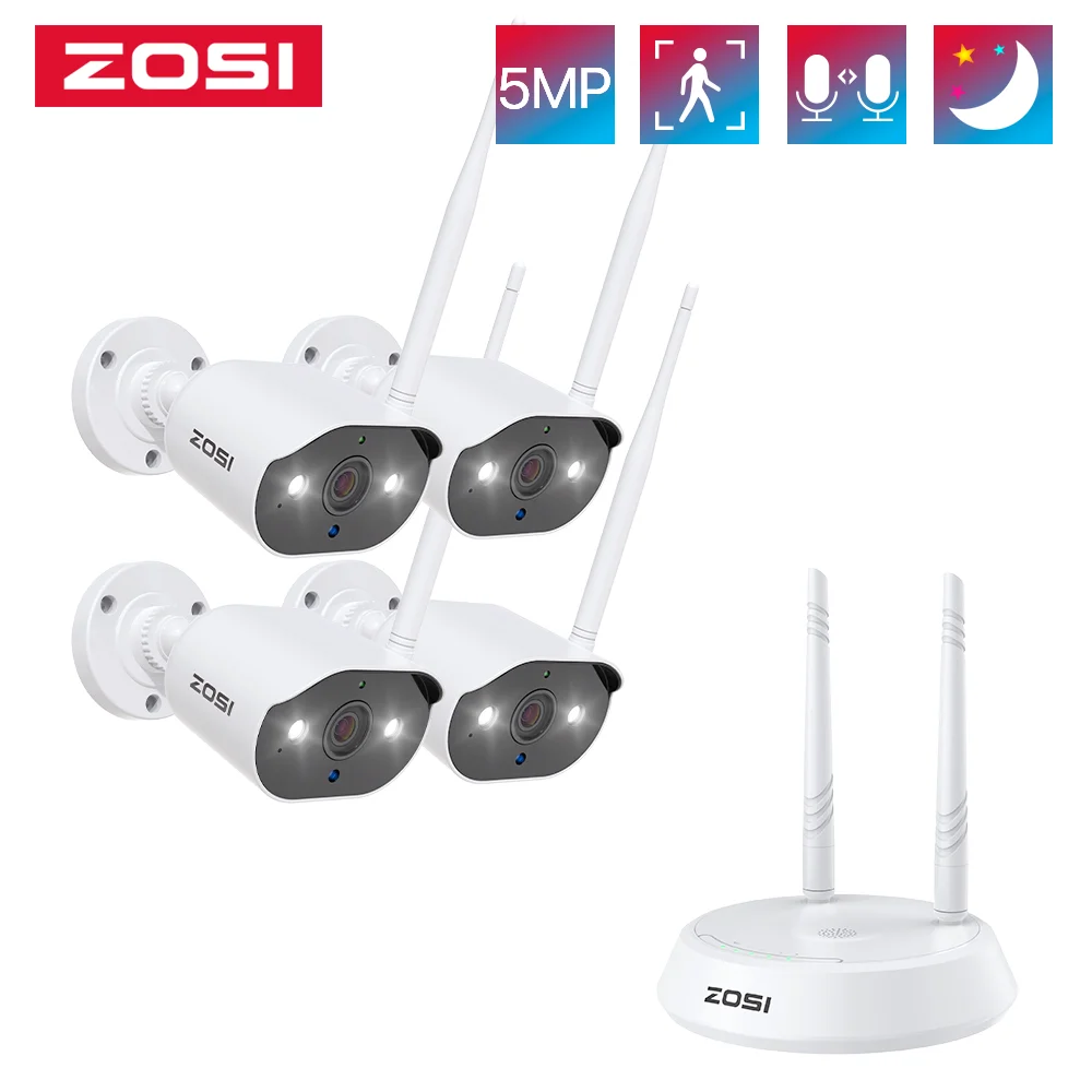 ZOSI 5MP Wireless CCTV System 4CH 3K Powerful H.265+ NVR 2/4pcs 5MP IP Bullet CCTV Camera WiFi Security System Surveillance Kits