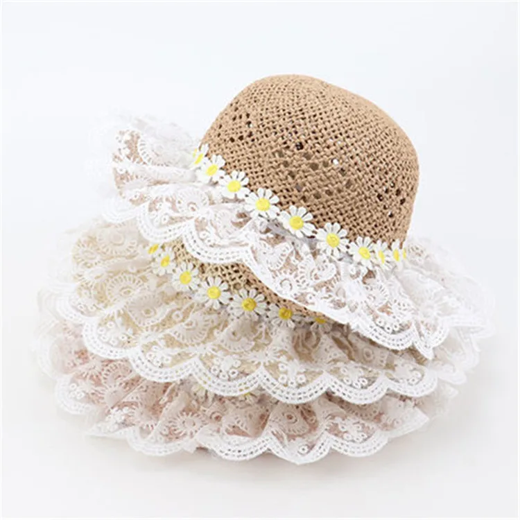 

Baby princess Raffia straw hat Summer breathable holiday beach panama caps Gorros Kid child girl lace flower sun hat