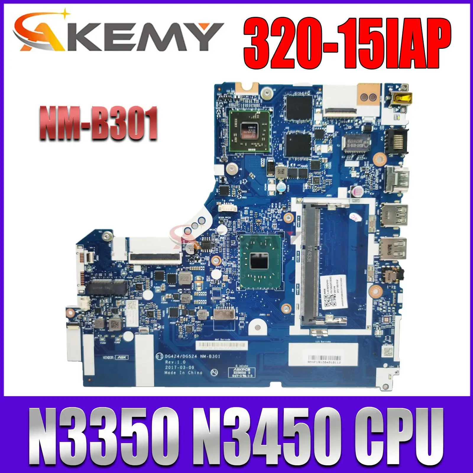 

5B20P20639 Mainboard For lenovo IdeaPad 320-15IAP Laptop Motherboard DG424 DG524 NM-B301 With N3350 N3450 216-0889018 100% Test