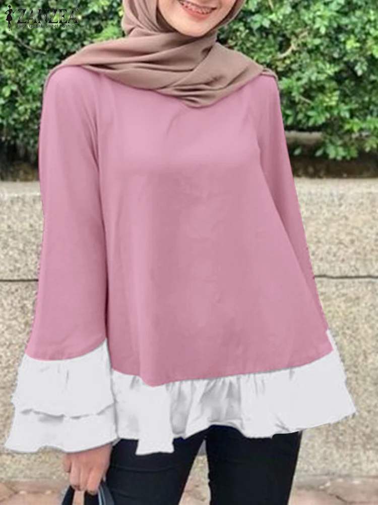 

ZANZEA Vintage Ruffles Shirt Fashion Patchwork Blouse Women Summer Long Sleeve Muslim Tops Islamic Clothing Abaya Hijab Blusas