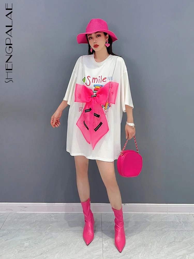 

SHENGPALAE Fashion Women T-shirt Dress Three-d Bow Spliced O-nekc Half Sleeve Letter Printed mini Vestido Summer 2023 New 5R4254