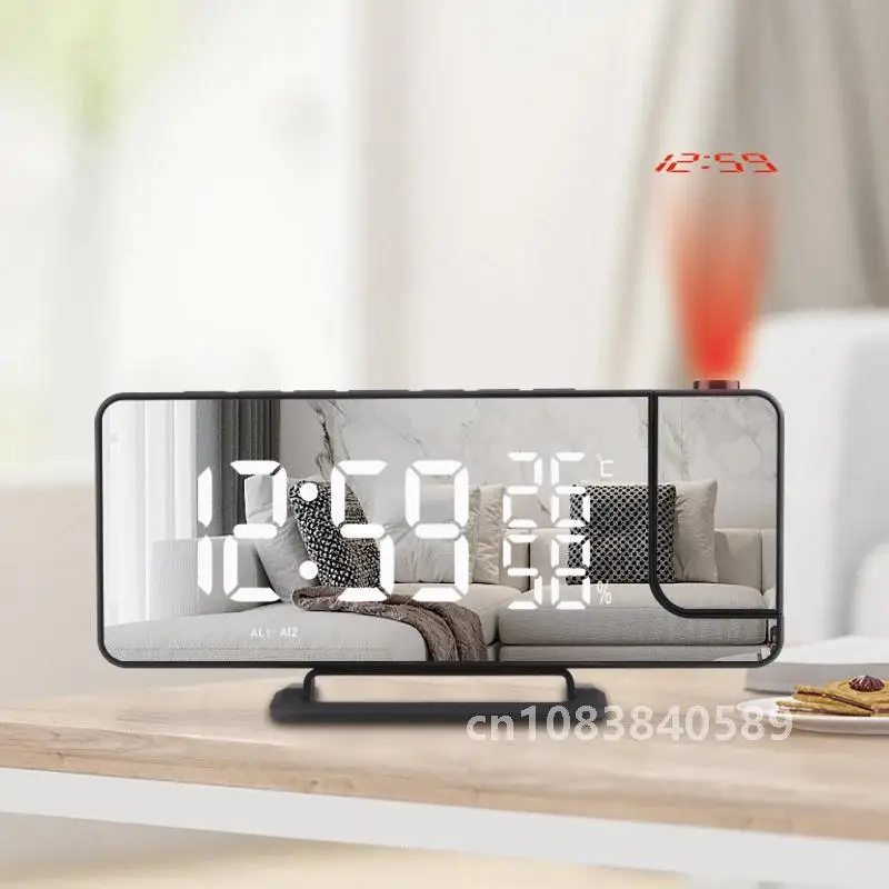 LED Digital Mirror Projection Alarm Clock Home FM Radio Thermometer Hygrometer USB Wake Up Watch 180° Projector Time Snooze Gift