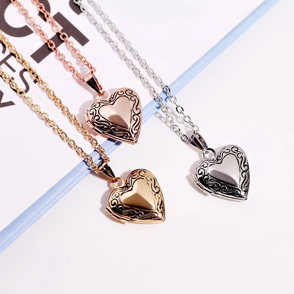 

Lover Fashion Carved Chain Friend Forever and Always Necklace Photo Picture Locket Heart Shaped Pendant