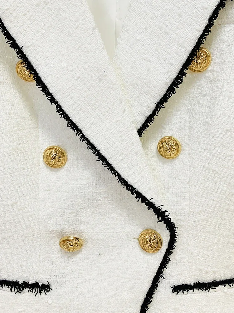 HIGH STREET Newest Fashion 2023 Designer Jacket Women's Slim Fitting Lion Buttons Contrast Color Fringed Tweed Blazer