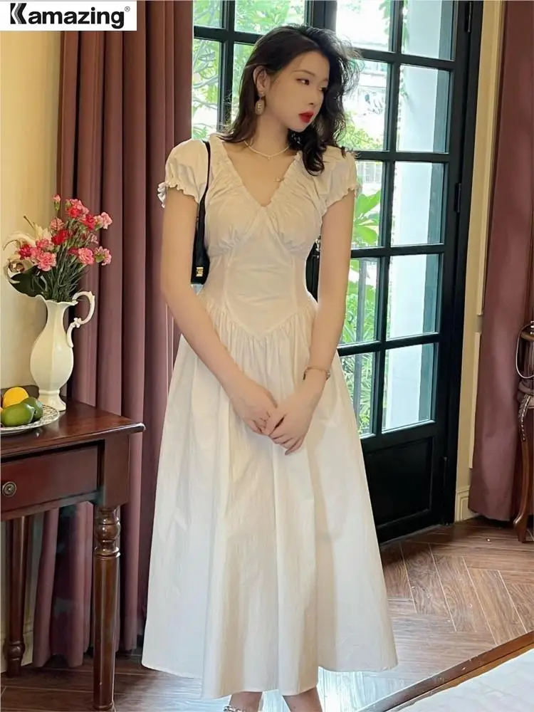 

Women Elegant V-neck Solid Midi Party Dresses Summer New Ladies Sweet Casual White Vestidos Female Clothing