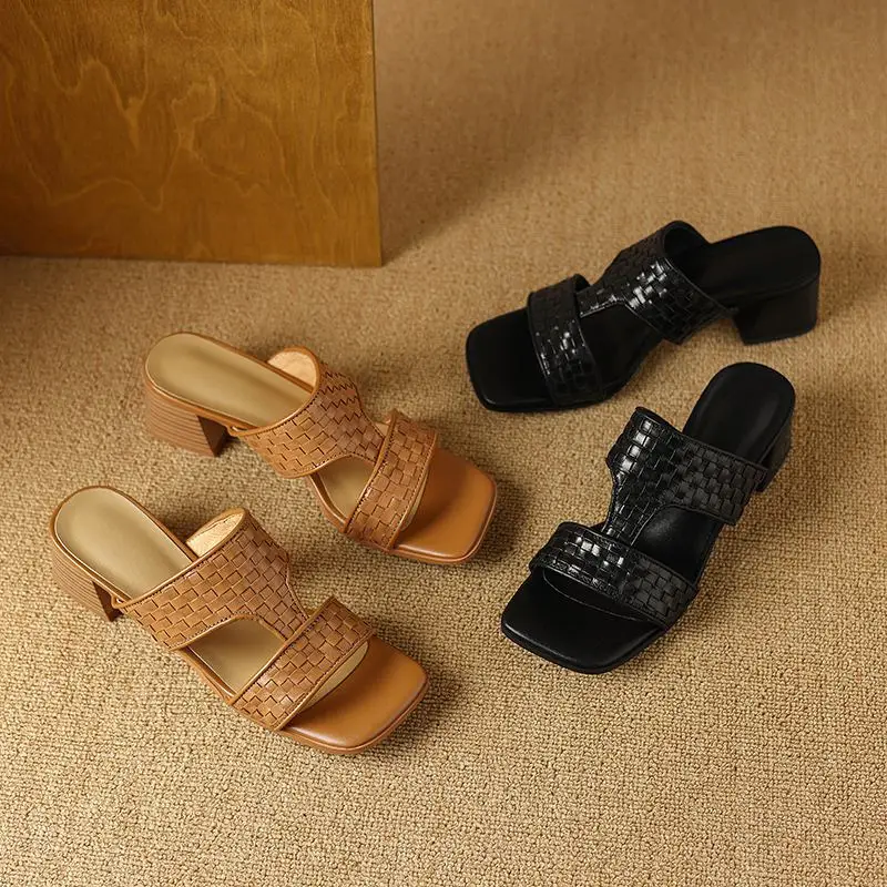 Мюли женские из воловьей кожи на толстом каблуке без застежки