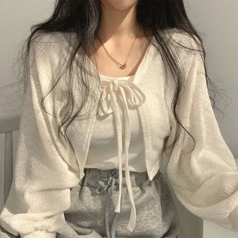 

White Knitted Cardigan Women Summer Thin Sunscreen Lace-Up Knitwear Tops Female Korean Style Lantern Sleeve Short Coat