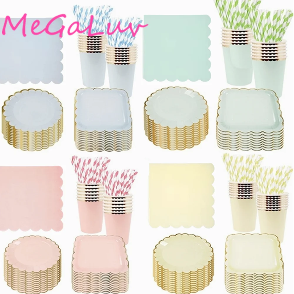 

Macaron Solid Color Party Decor Disposable Plate Napkin Cup Lace Bronzing Cutlery Set Wedding Baby Shower Decoration Birthday