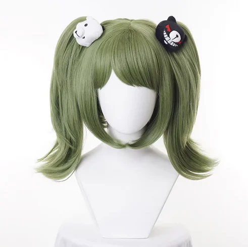 Game Danganronpa Cosplay Monaka Monaca Towa Wig Dangan Ronpa Green Heat Resistant Synthetic Hair + Bears headwear wig cap