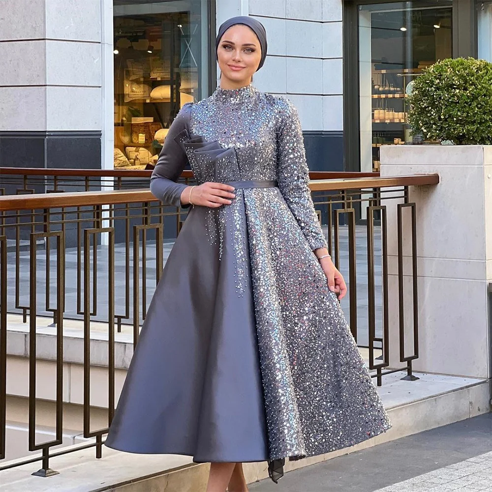 

Sevintage Modest Sequined Prom Dresses Long Sleeves High-Neck A-Line Arabic Muslim Evening Dress Engagement Gowns 2023