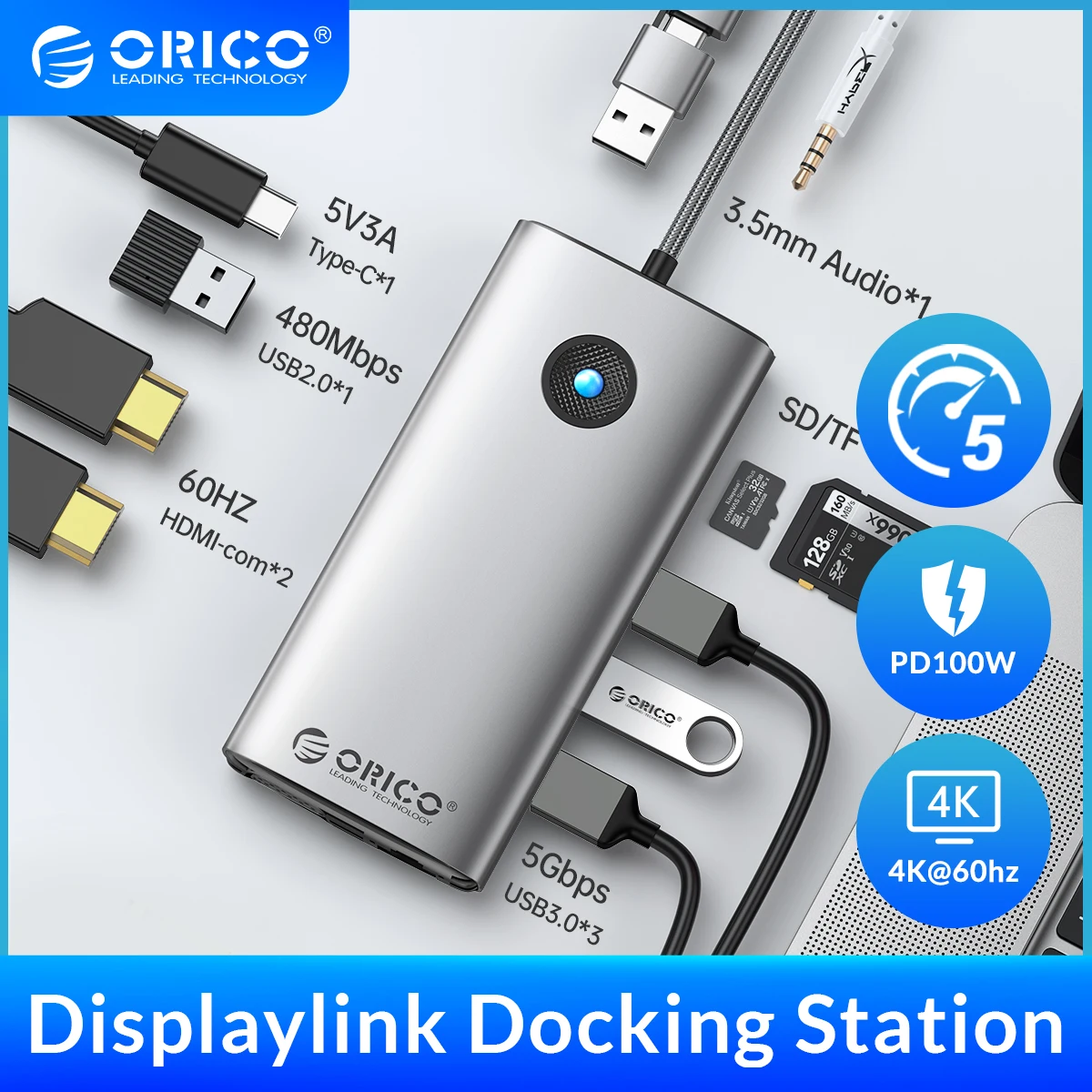 

Док-станция ORICO Displaylink USB C 3,0 Hub Dual DP 4k60hz HDMI-совместимый адаптер PD100W для Macbook M1 M2 Windows