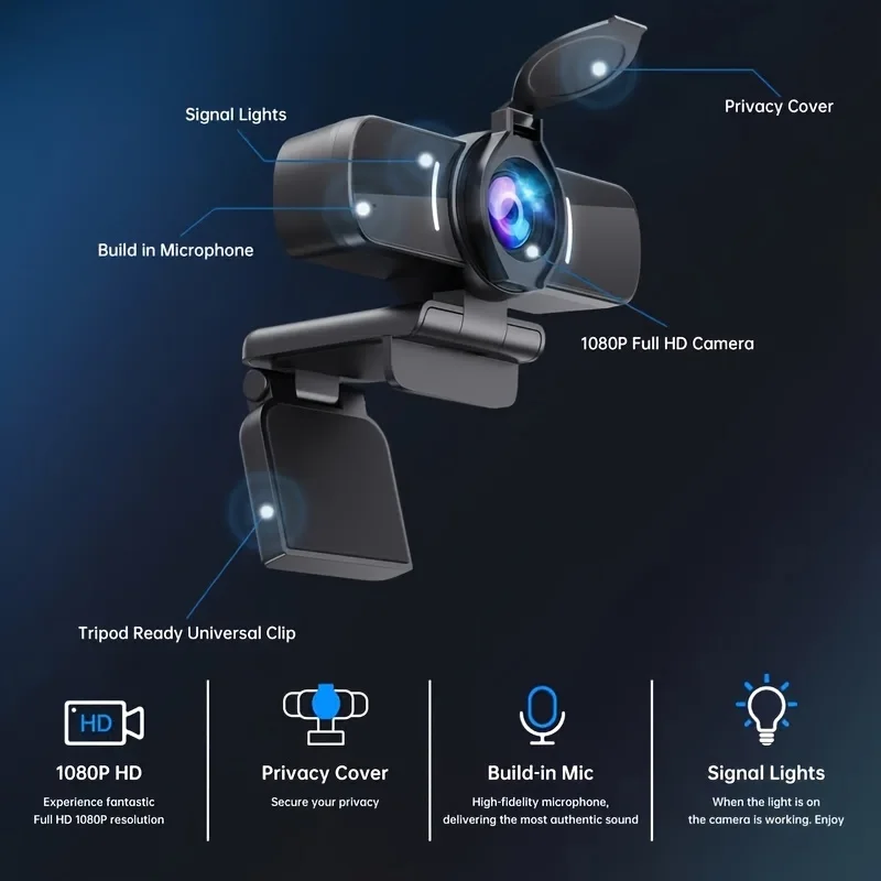

Computer Camera With Microphone, 1080P Webcam With Webcam Cover For Mac OS Windows Laptop PC Desktop, HD Webcam