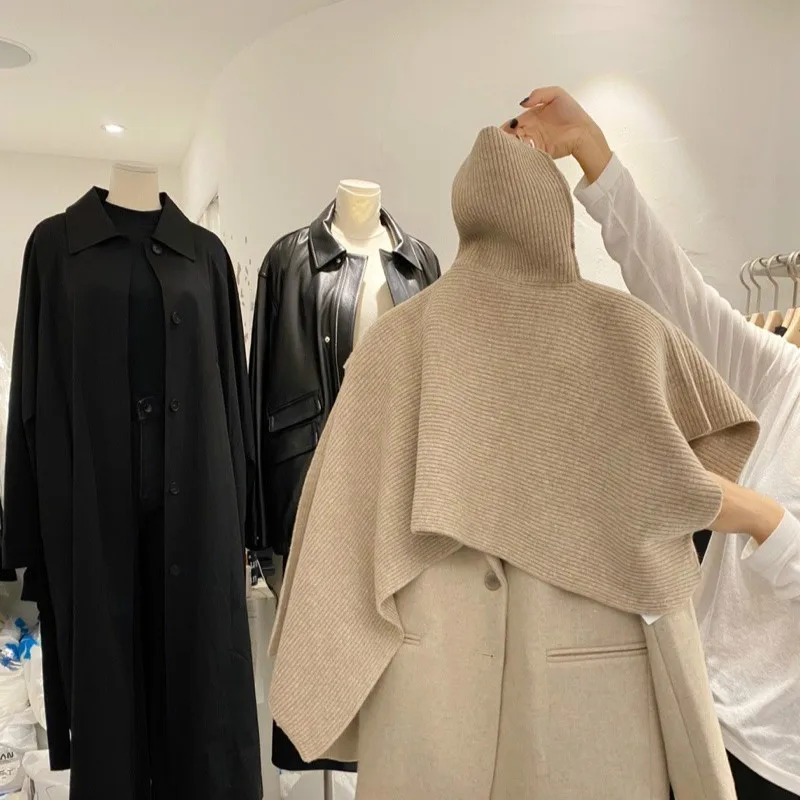 

2022 Winter Women Turtle Neck Loose Minimalist Solid Color Long Sleeve Asymmetrical Pullover Pull Knitting Cloak Sweater Mujer