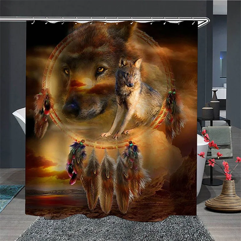 

Wolf Shower Curtain Set with 12 Hooks Wolf Dream Catcher Shower Curtains Waterproof Fabric Animal Partition Screen Curtain Decor
