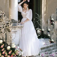 elegant wedding dress puff sleeve v neck a line floor length buttons tulle sweetheart mopping gown vestido de novia women