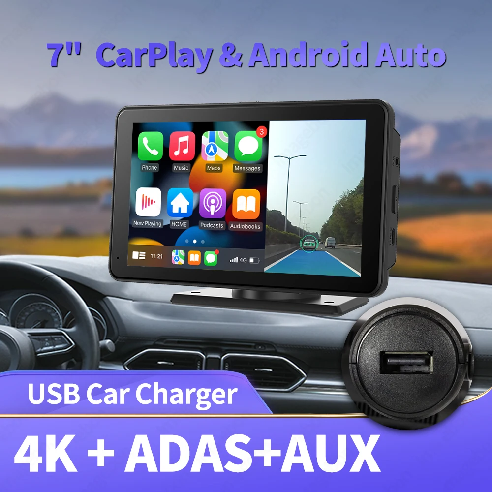 

7" 4K GPS Navigation Dashboard Video Recorder AUX Wireless CarPlay & Android Auto Dash Cam Touch Screen 24H Park Rear Cam