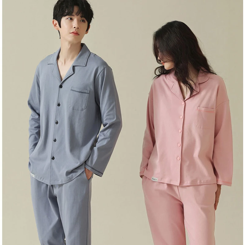 

Пижамы для пар на весну и осень, новый стиль, домашний костюм из чистого хлопка с длинными рукавами, можно носить на улице, однотонный и мягкий Пижамный
