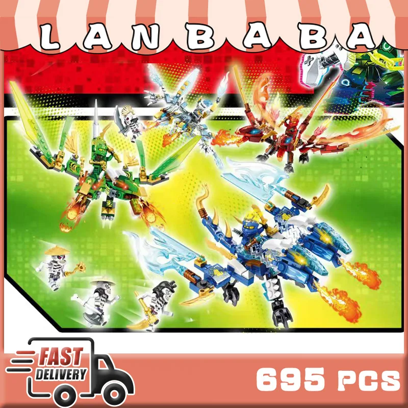 

LANBABA, 695 шт., набор из 4 строительных блоков средних ниндзя и драконов, игрушки, кирпичи с 8 мини-фигурами, игрушечный конструктор для мальчиков...