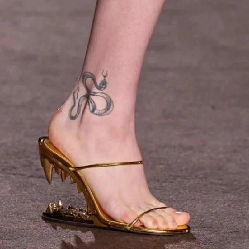 Novelty Women Metal Teeth High Heels Shoes Round Toe Flip Flops Ladies Sandals Woman High-Heeled Runway Show Pumps Brand Sandal