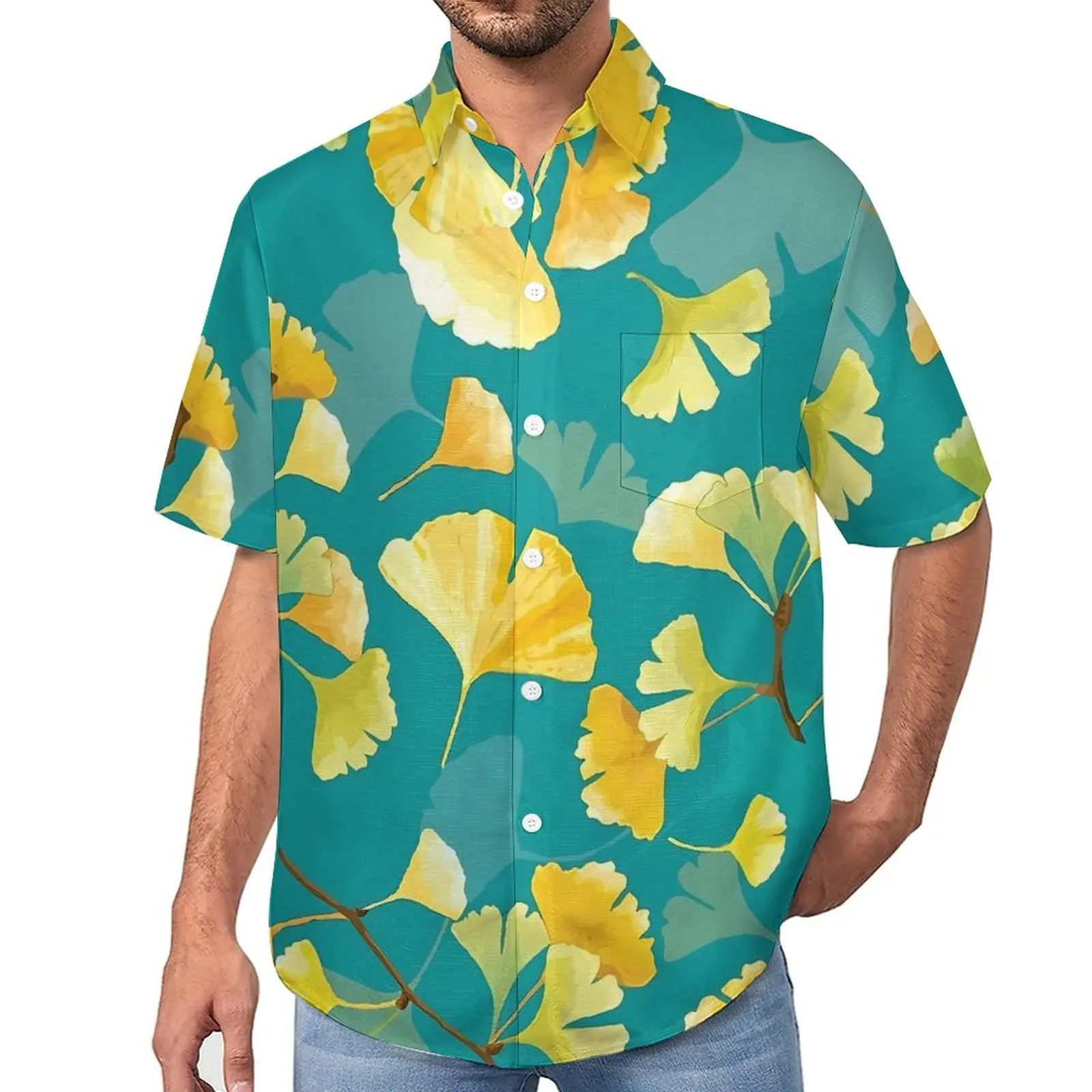 

Gold Ginkgo Biloba Blouses Men Leaves Print Casual Shirts Hawaiian Short Sleeve Custom Street Style Oversized Beach Shirt Gift