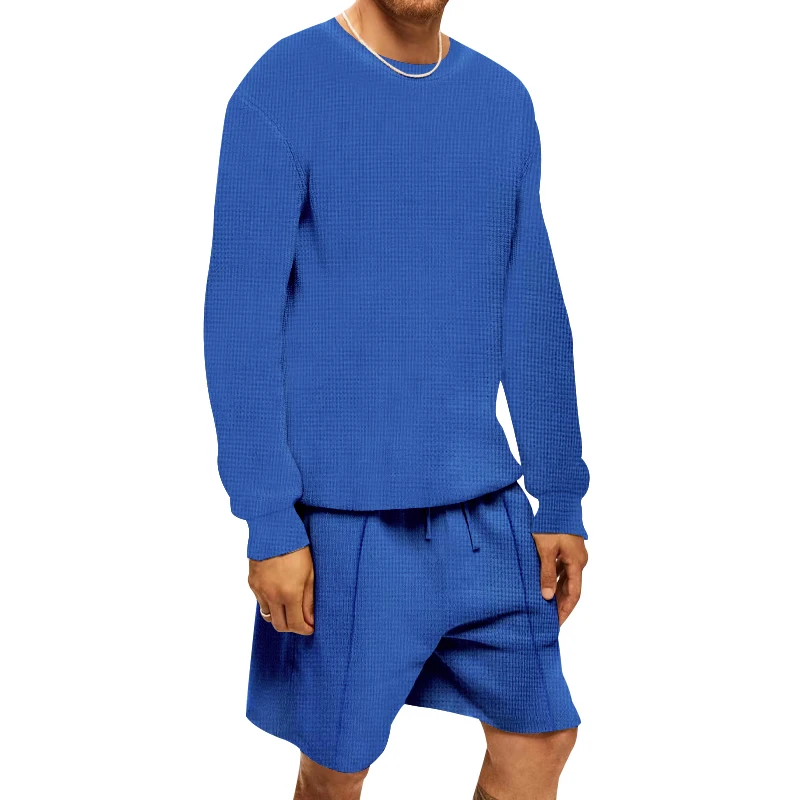 New Men's Summer Suit High quality waffle O Neck Short Sleeve Shorts Street Set Casual Sports Apparel fitness Set