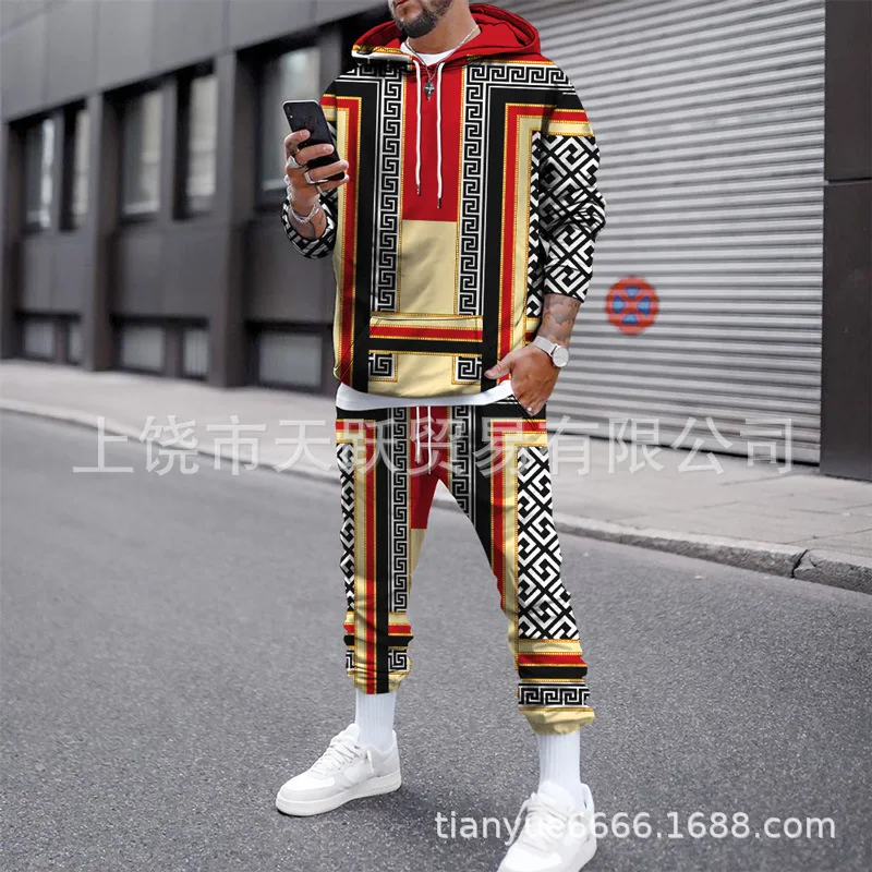 

Men's Hoodie Suit Autumn And Winter New European And American Trend Retro Splicing Casual Sports Hoodie Suit
