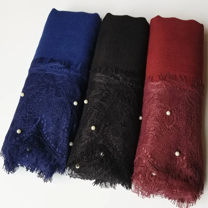 

AliExpress Fashion Cotton and Linen Monochrome Scarf Two-End Lace Pearl Toe Cap Scarf Silk Scarf Shawl Wholesale