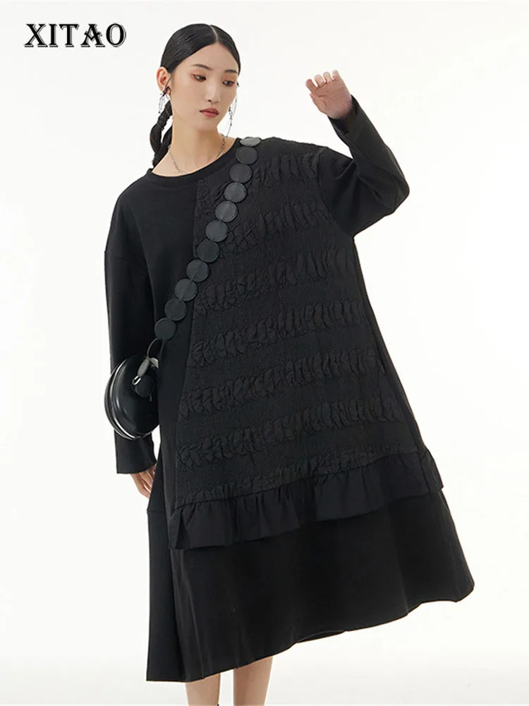 XITAO Pleated Hem Dress Fashion Pullover Black Small Fresh Patchwork Goddess Fan Casual Style 2022 Autumn Loose Dress WLD8956