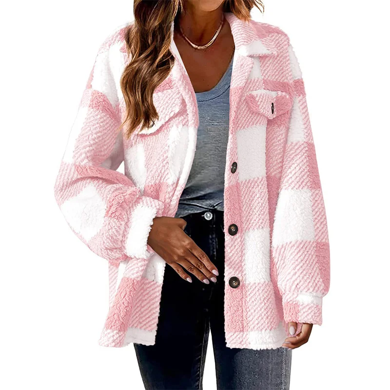 

Fluffy Teddy Jacket Plush Coats Autumn Winter Plaid Lamb Jacket with Pockets Furry Faux Fur Coat for Women Thick Warm Jacket