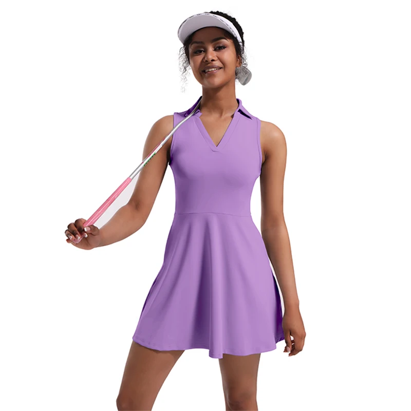 CUGOAO Fashion Purple 2pcs Tennis Dress Suit Solid Sleeveless Turn-down Collar Badmintan Golf Tennis Dresses Vestidos De Mujer