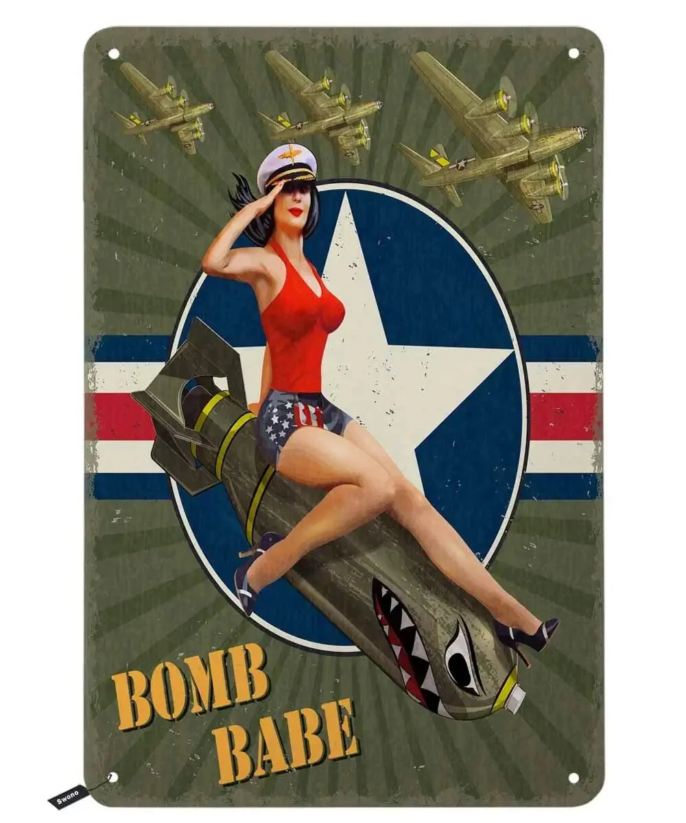 

Pin-Up Girl on Bomb Tin Signs,Sexy Girls Sit on Shark Bomb Green Vintage Metal Tin Sign for Men Women,Wall Decor for Bars,