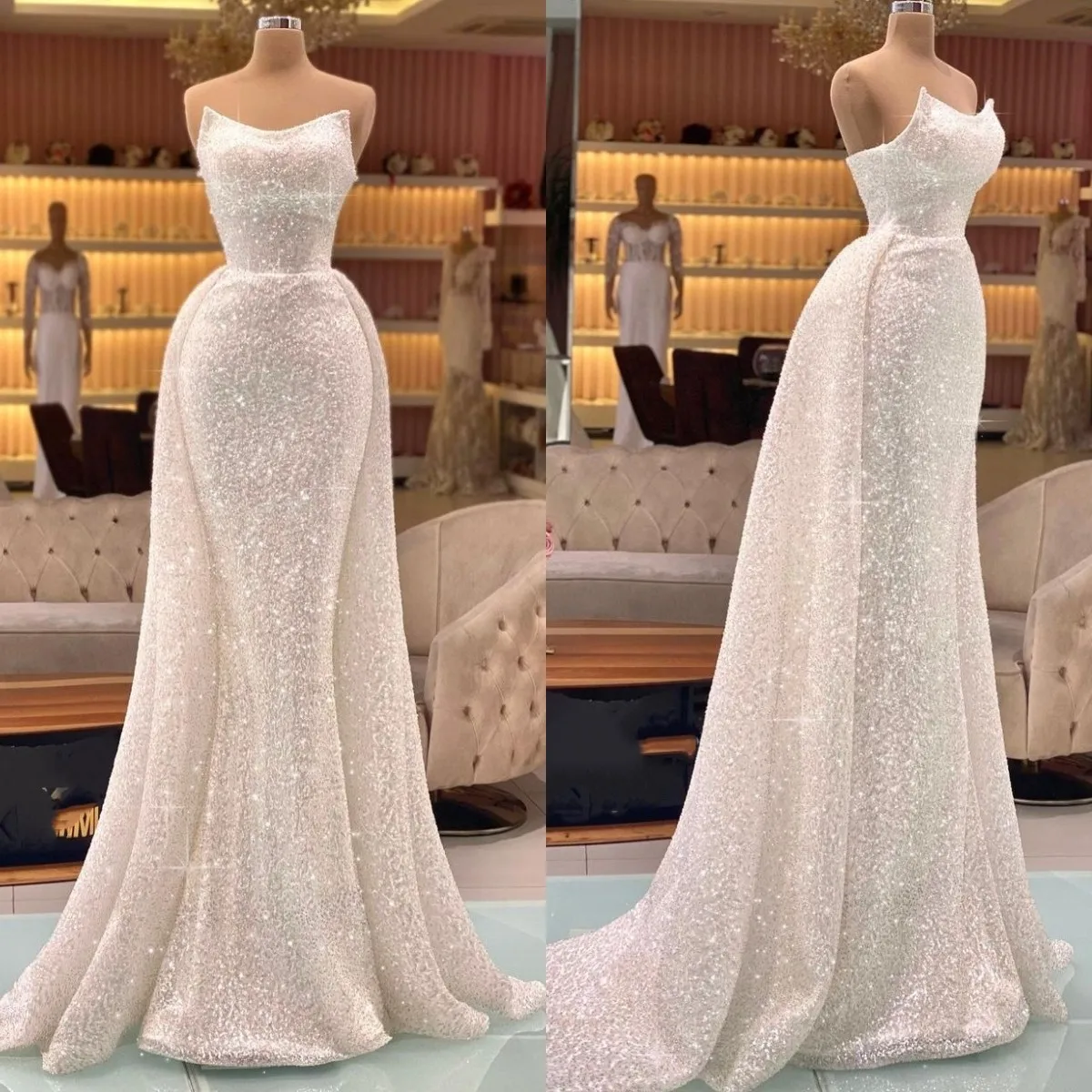 

Strapless Sequin Evening Dresses with Detachabl Train robes de soirée 2022 Prom Gowns Party Outfits فساتين منفوشه للمناسبات