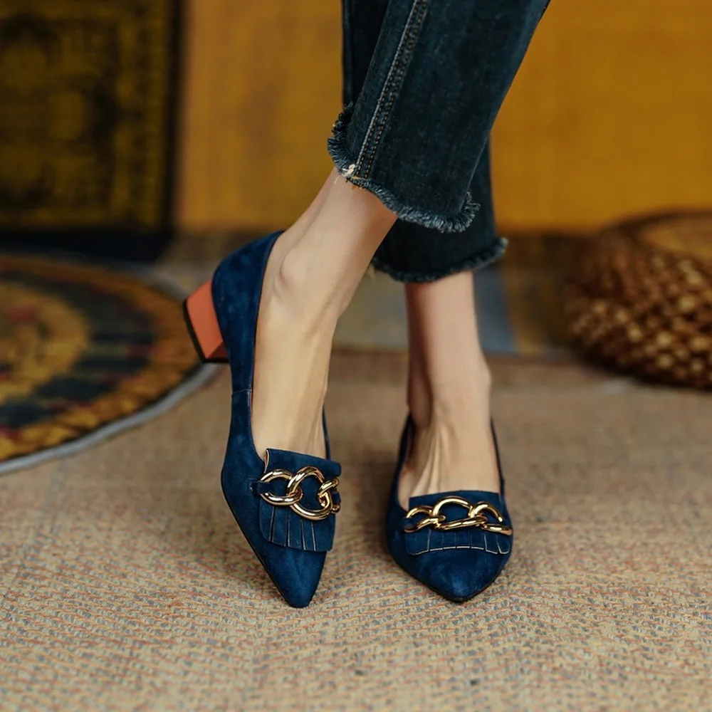 

New Women High Heels Leather Fringe Metal Clasp Decoration Ladies Single Shoes Shallow Pointed Chain Retro Female Loafer Shoes