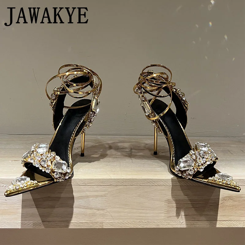 

Top High Quality Diamonds Wedding Shoes For Women Pointy Toe Sandals Ankle Strap Banquet Pumps High Heels Dress Shoes For Woman