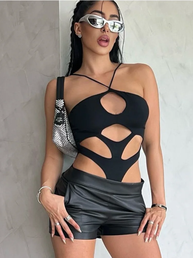 

ADAgirl Sexy Black Crop Tops Mesh Hollow Out Halter Tank Top Women Streetwear Punk Aesthetic Clothes Gothic Camis for Smmer New