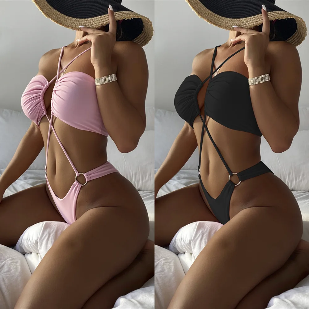 

2022 new one-piece swimsuit solid color bikini European and American swimsuit strap swimsuit female bikini