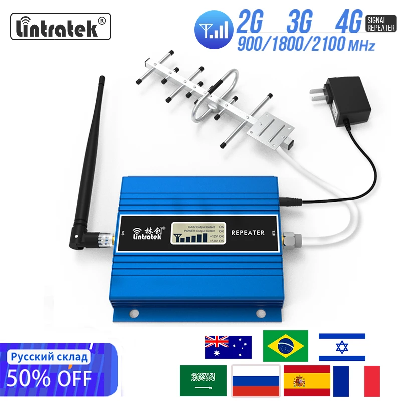 Lintratek 2G 3G 4G Cellular Amplifier GSM 900 LTE 1800 WCDMA 2100MHz Network  Data Cellphone Booster Full Kit Repeater+Antenna